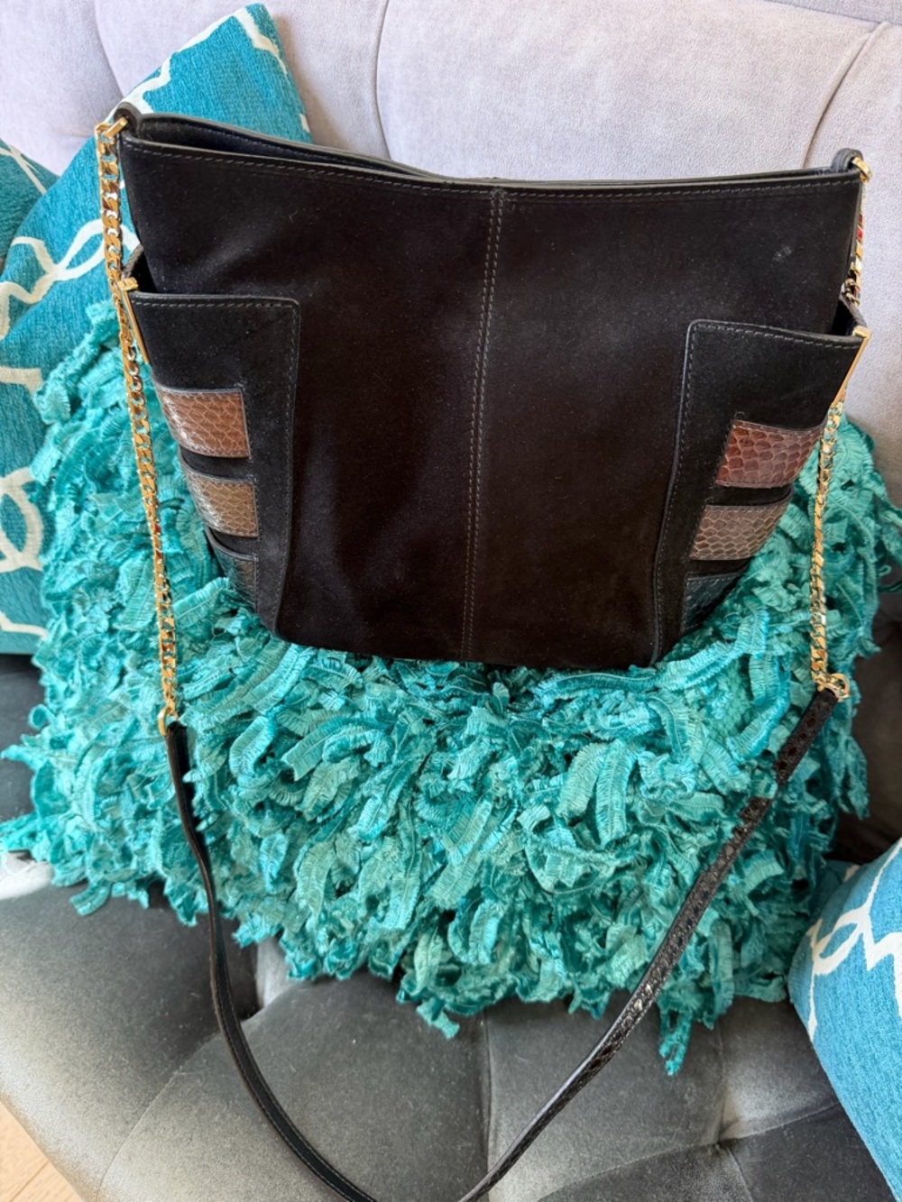 Jimmy Choo Black Suede Shoulder Bag with Brown Accent Panels